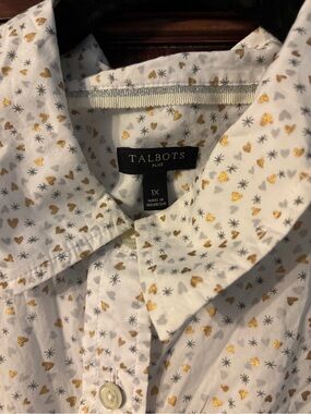 Talbots White Shirt with Gold and Gray Heart Print